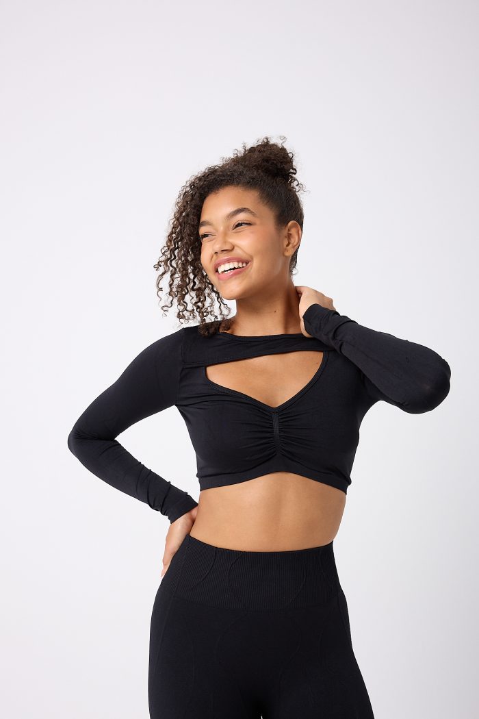 Kadın Dikişsiz Seamless Ön Dekolteli Uzun Kollu Crop Top