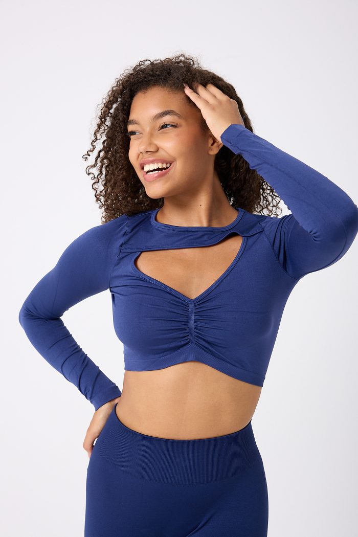 Kadın Dikişsiz Seamless Ön Dekolteli Uzun Kollu Crop Top
