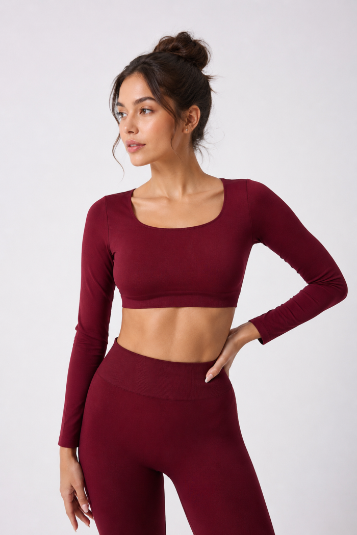 Kadın Dikişsiz Seamless Kare Yaka Uzun Kollu Crop Top