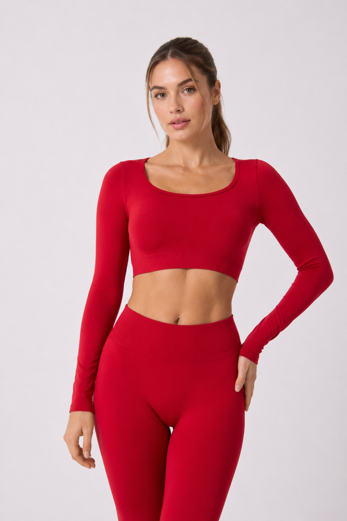 Kadın Dikişsiz Seamless Kare Yaka Uzun Kollu Crop Top
